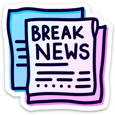 newspaper with breaking news headline, neon glow effect, blue neon glow on top left, purple neon glow on bottom right sticker