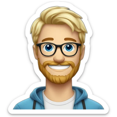 Handsome young man 25 years old sexy blue eyes short blond hair nice round glasses cool beard Light moustache funny big smile dimple on the side sticker
