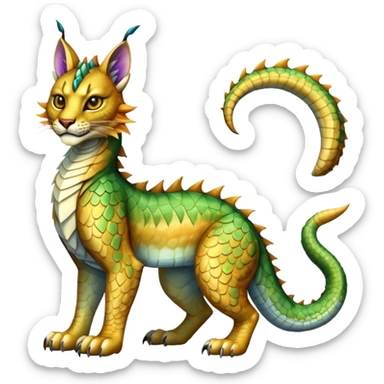 Shiny exotic iridescent Dragon-Tiger-type Lynx-Caracal-Crocodile-Bobcat-Fakémon-creature with a long muzzle, full body sticker