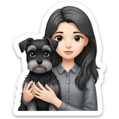 A long-haired girl holding a black and silver schnauzer sticker