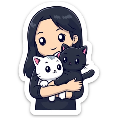 beautiful girl with long black hair wearing a black shirt holding a silver-colored cat sticker