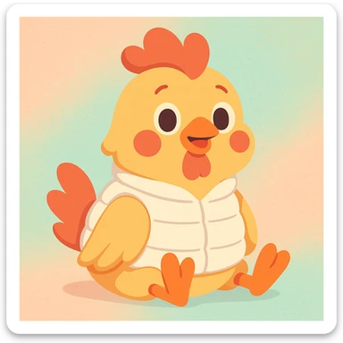 cute seated chicken wearing a white pile vest, pastel toon style sticker