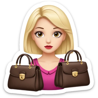 Glam girl with eyelasher looking left and right between two purses, playful puzzled expression — can’t decide between two options sticker