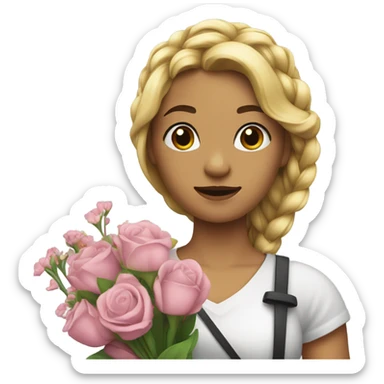 "A young woman with braided blond hair, a hopeful but worried look, holding flowers or a broom." sticker