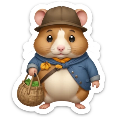 Fat cartoon-style hamster hobo carrying a bindle over its shoulder with a sad expression. sticker