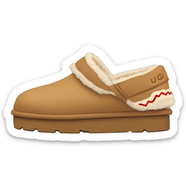 Ugg Camel slip-on slippers. A thin red zig-zag stitch only encircling ankles, VERY chunky platform sole. sticker