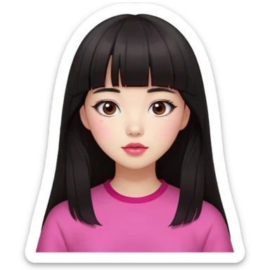 Korean girl, red top, black brown hair, brown eyes, long hair, cool girl, aesthetic, long hair, hime cut, blunt bangs, pink lips, pink cheek sticker