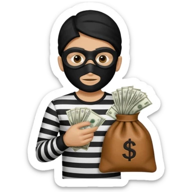 Crea un ladrón con un sombrero de delincuente y un saco de dinero, el ladrón tiene una camisa de rayas negras y blancas y el rostro un antifaz color negro. sticker