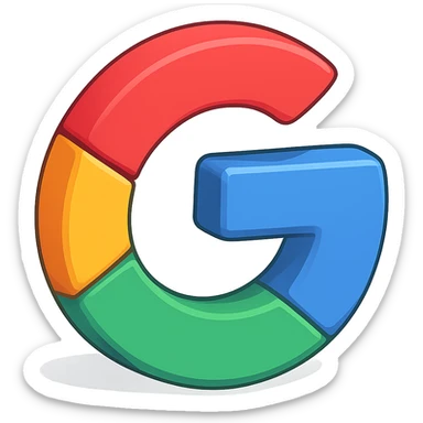 Transform the flat Google icon into a vibrant 3D version with soft shadows and rounded edges, maintaining the signature Google color palette. Keep the background transparent. sticker