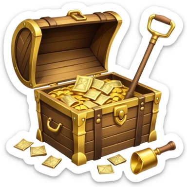 An icon showcasing a treasure chest filled with gold, a treasure map rolled up beside it, a backpack and shovel ready for the next adventure. The design captures the essence of treasure hunting, exploration, and excitement, set on a transparent background to emphasize the thrill of discovery. sticker