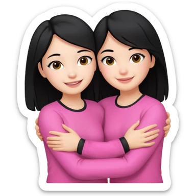 2 girls with black hair hugging each other. One is wearing white clothes and the other is wearing pink clothes sticker