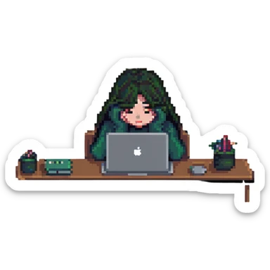 girl hiding her face while working behind a MacBook, pixel art style sticker