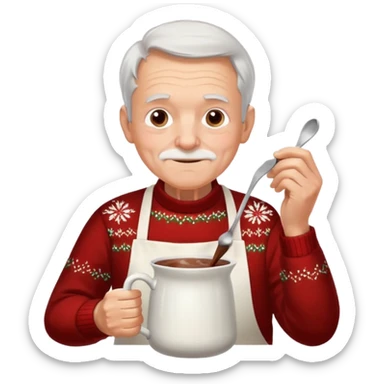 A gentle old man in a festive sweater and a white apron, stirring a pot of rich hot chocolate. sticker