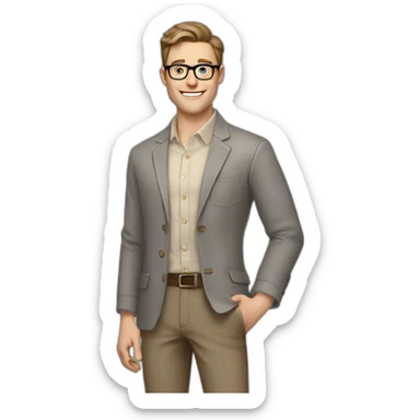 Joyful Pale skinned Fit Man With dark brown hair in gray jacket, beige office shirt, Brown pants and vintage glasses. His thrumbs up sticker
