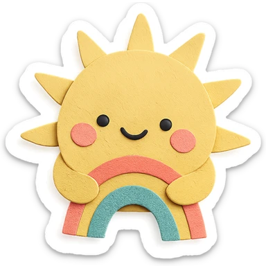 adorable pastel bright yellow sun, hugging a tiny rainbow arc, no arms or legs, transparent background, full body, kawaii paper craft style sticker