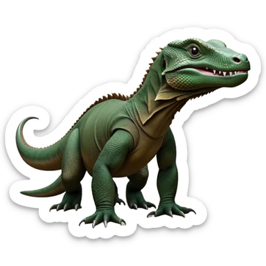 cinematic-komodo-dragon-realistic-full-body-standing on all fours-emoji,-massive-scaled-body-poised-with-quiet-power,-rough-textured-skin-dark-green-and-dark brown, black,-head-tilted-dramatically,-long-forked-tongue-flicking-out,-simplified-yet-realistic-focused-features,-highly-detailed,-glowing-with-an-almost-sarcastic-glow

 sticker