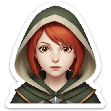 Leliana from Dragon Age with short red hair and hood sticker