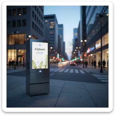 realistic illustration of the CityScent air freshener machine placed prominently in the center of a modern city, evening setting, city lights, calm urban atmosphere, no people, focus on the machine sticker