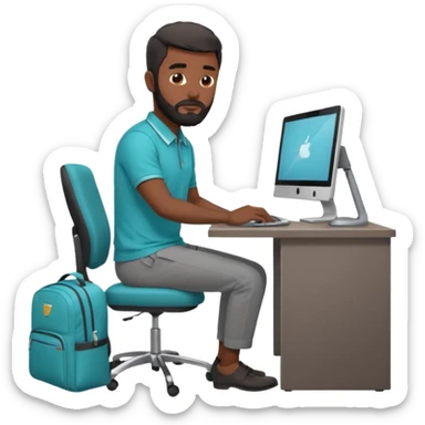 man with black short male hair and black hair and beard and hes in a office with his grey backpack on the floor and he has a tourquose polo shrit with gre dress pants and hes working at a hotel  hes on the co,ptuer  at his desk and he inly has one backpack its on the floo  WITH GREY PANTS sticker