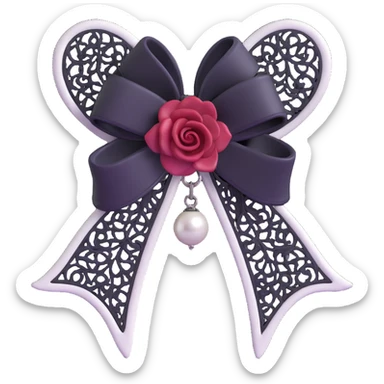 3D emoji gothic bow, white leather, silver bat charm, black rose center, black lace trim, dark pearl details sticker