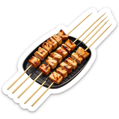 Cinematic Realistic Yakitori Dish Emoji, depicted as skewered, grilled chicken pieces with a charred finish rendered with crisp textures and appetizing, natural lighting. sticker