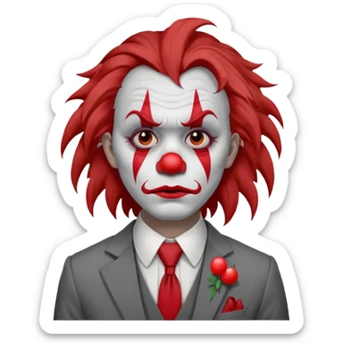 No wig, but long messy brown hair.

White face paint with red clown makeup and a red nose.

Wearing a gray suit with a tie.

Expression is sad and serious, resembling a clown with a more human-like look. sticker