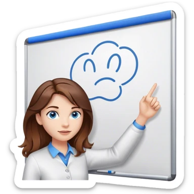 a young woman brown hair and blue eyes, with a claw clip in her hair and presenting on a white board sticker