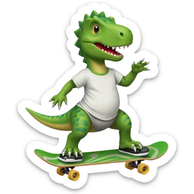 Dinosaur skateboarding at the skate park wearing a t-shirt and doing six seven and dancing sticker