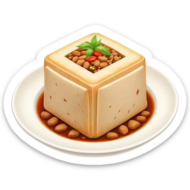 Hakka Stuffed Tofu with five spiced meat filling, simplified emoji style with bold outlines and bright colors, cartoon style unique triangular stuffed bean curd sticker