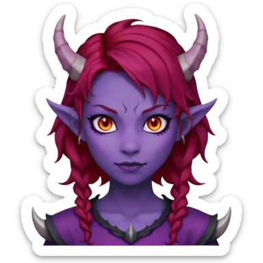 Demon Girl Purple Skin Dragon Horns Black Eyes Red Glowing Pupils Auburn Haired Red Shirt  sticker