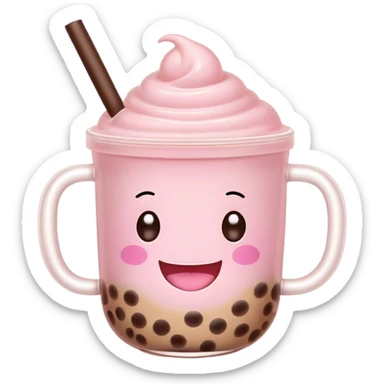 Cute Kawaii Boba Tea Cup, with a happy smiling face, chubby round shape, pastel pink and brown colors, soft glowing highlights, adorable tapioca pearls floating inside, sparkling eyes full of joy! sticker