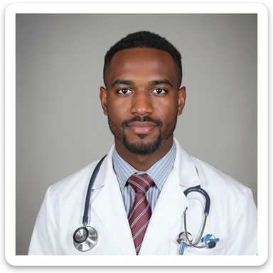 realistic doctor, diverse ethnicity, white coat, stethoscope, neutral background sticker