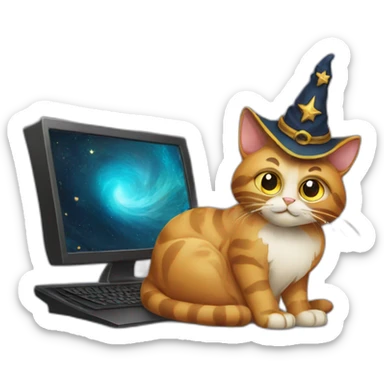 cat wizard next to computer sticker
