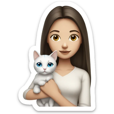 brunette girl with long hair and holding a blue-eyed white cat sticker