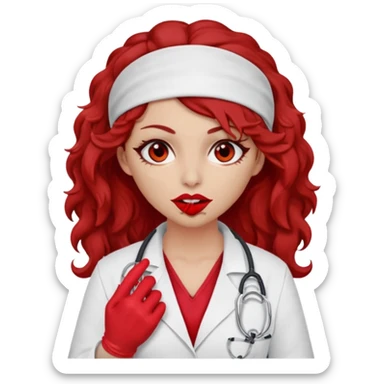 Lilith scalpel in hand, evil surgeon sexy surgeon clothes.  She has red eyes. She brown long curly hair. Wears sexy doctor outfit with red gloves. Hides mouth necknose with red bandana to hide her identity sticker
