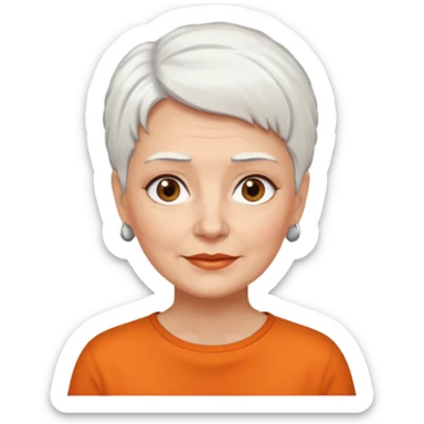 older white haired woman with orange shirt short white hair make eyebrows brown sticker
