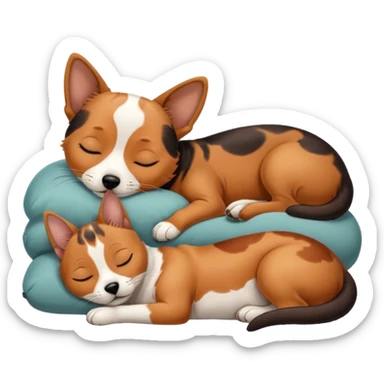 Calico cat with black nose sleeping near a dachshund dog    sticker