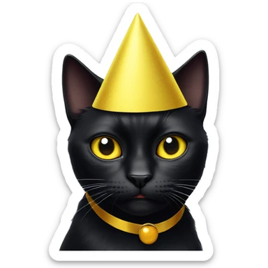 Black cat with angry yellow eyes wearing a party cap sticker
