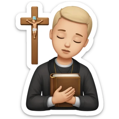 Guy who reads Bible with cross on it and with his eyes closed in prayer. Nothing in the background  sticker