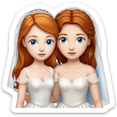 A ginger woman with blue eyes, marrying a taller woman with dark brown hair and hazel eyes, both in wedding dresses. sticker