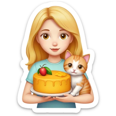 Beautiful girl holding a big mango cake and a kitten in her hands sticker