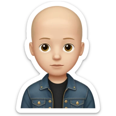  a boy with bald head, black jeans jacket, plain forehead sticker