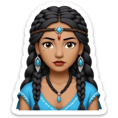 Attractive Native American woman with a wide face, baddie look, dark skin, Long braided black hair sticker