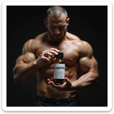 hyperrealistic bodybuilder holding a vial with a clearly visible label reading 'CARNITINA' in large block letters, muscular details, dramatic lighting, 4k quality sticker