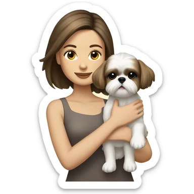 Young brunette hair woman with a cream shih tzu in her arms short hair sticker