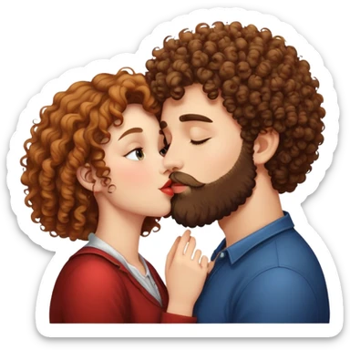 curly haired girl kissing a man with a beard, romantic couple kiss sticker