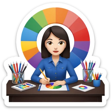 female dark hair graphic designer , color wheel, pens, papers , desktop sticker