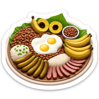 Cinematic Realistic Bandeja Paisa Dish Emoji, depicted as a hearty platter featuring beans, rice, meat, and plantains rendered with detailed textures and vibrant, robust lighting. sticker