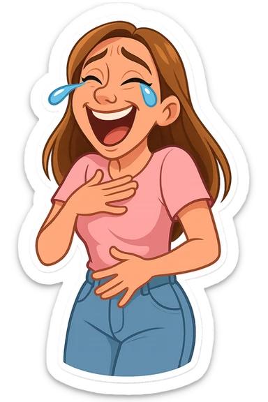 3D cartoon sticker, DreamWorks style of a 30-year-old woman with long light brown hair below shoulder blades, fair skin, large expressive blue eyes, slight bump on nose, wearing a pastel pink t-shirt and light blue mom jeans, laughing to tears, soft light, white sticker outline sticker