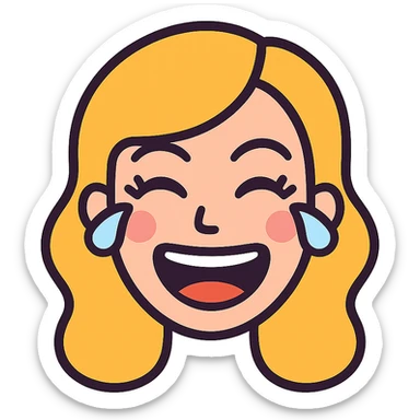 playful vector emoji of a joyful woman laughing uncontrollably, eyes tightly closed with tears, wide open mouth, teeth and tongue visible, rosy cheeks, expressive, long eyelashes, subtle makeup, vibrant colors, smooth and clean lines sticker